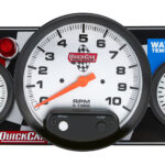 QuickCar Gauge Panel Assembly, Oil Pressure / Tachometer / Water Temperature, 5 in / 2-5/8 in Diameter, Silver Face, Warning Light, Kit