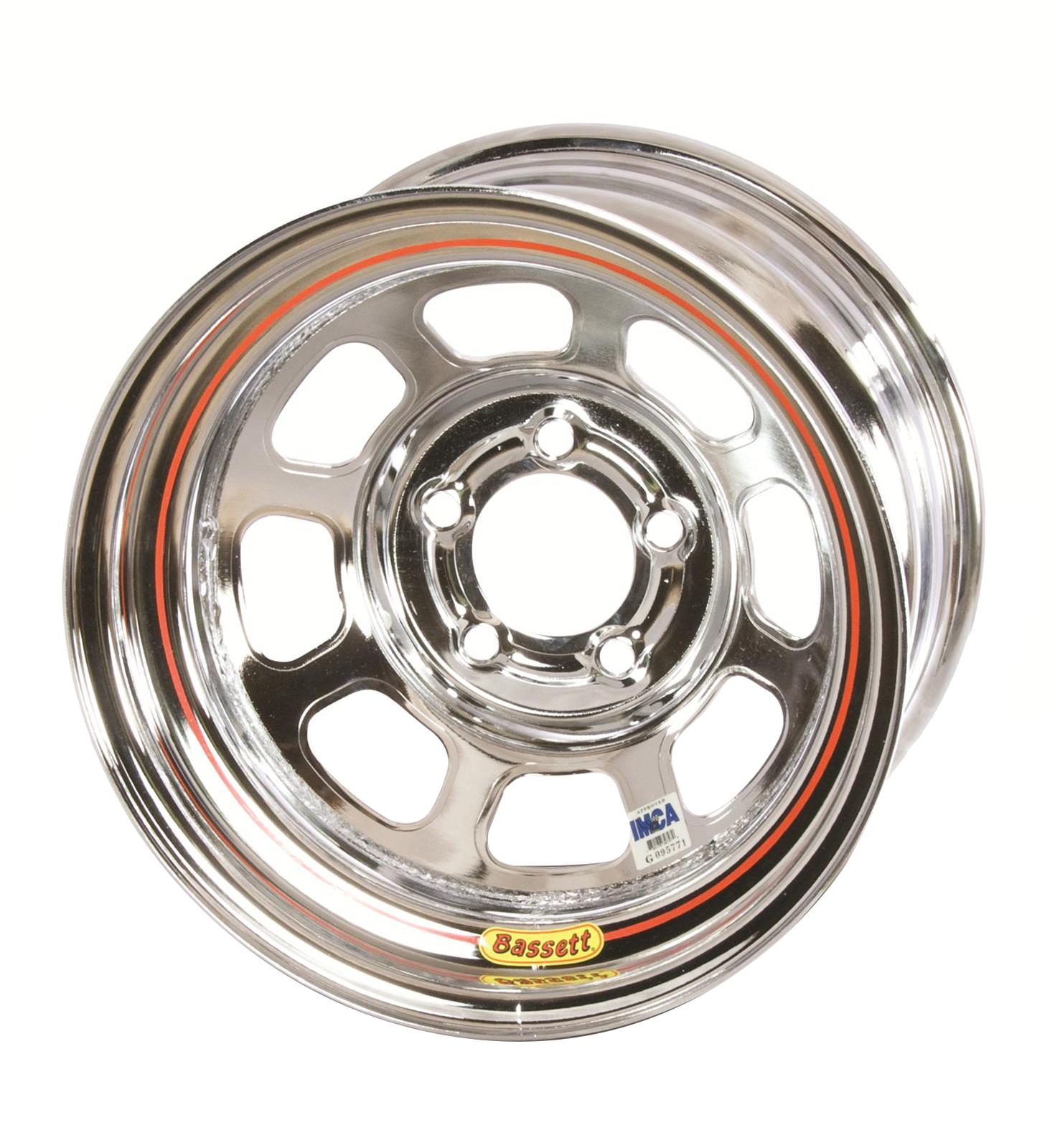 Bassett Wheel, 8-Spoke, IMCA/D-Hole, Steel, Chrome, 15 in. x 8.0 in., 5 x 4.50 in. Bolt Circle, 4 in. Backspace
